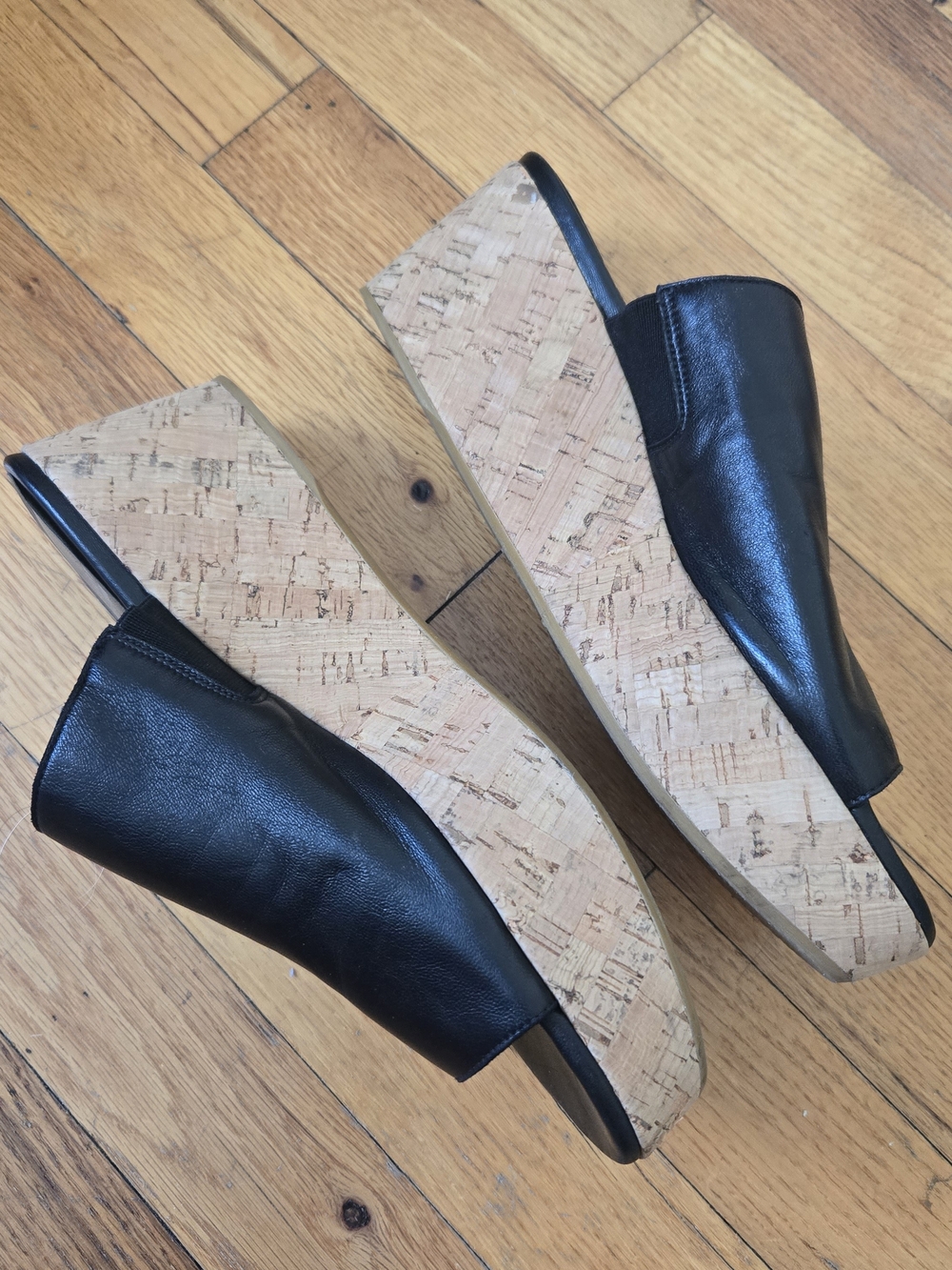 Stuart Weitzman Black Leather Cork Wedge Mules